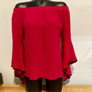 New York & Company Magenta Off-the-Shoulder Ruffled Blouse with Black Trim Small